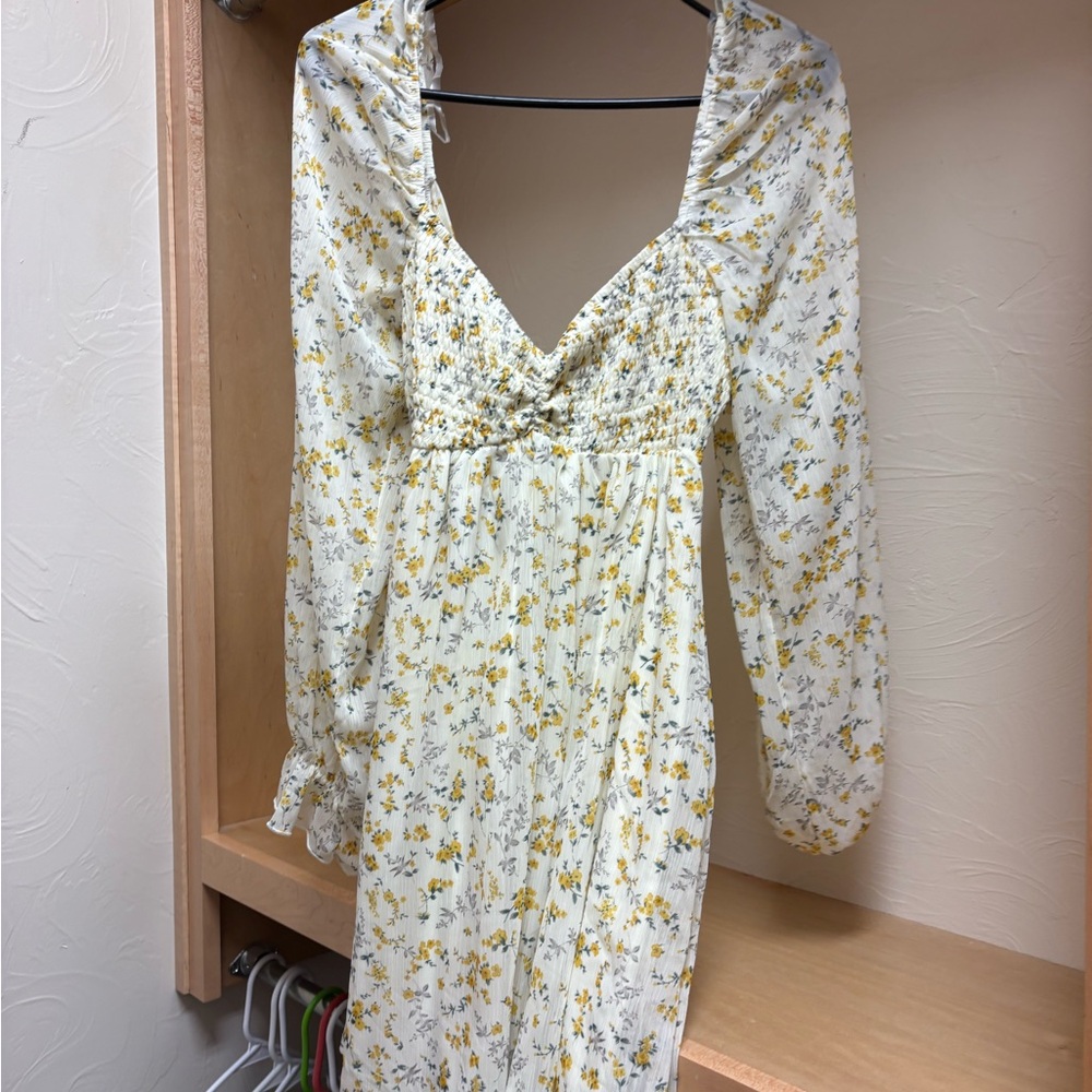 Smocked V-Neck Mini Dress in Yellow Floral